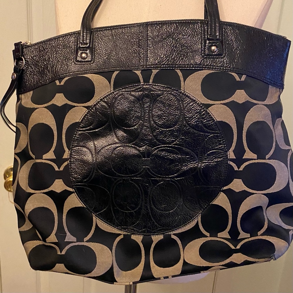 Used Coach Laura Signature In Canvas and Black Leather Tote Purse